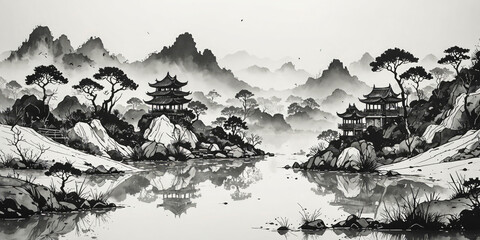 Ancient asian landscape ink drawing