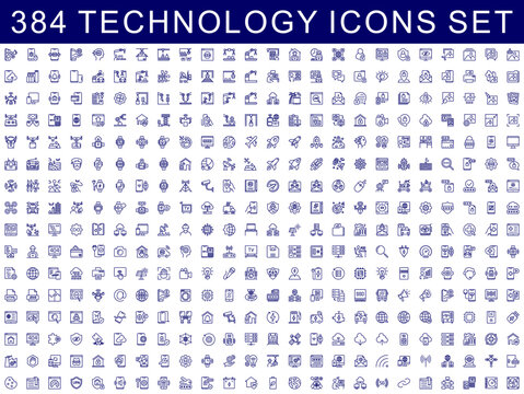 set of 384 technology line icons. database, seo, server, brain, cyberspace, robot, search, automation, innovation, research, storage, chart, connect, marketing, system, website