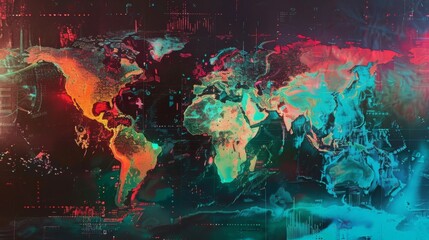 A detailed and vibrant map of the world displayed on a stark black background, showcasing the various countries and continents in bright colors. - obrazy, fototapety, plakaty