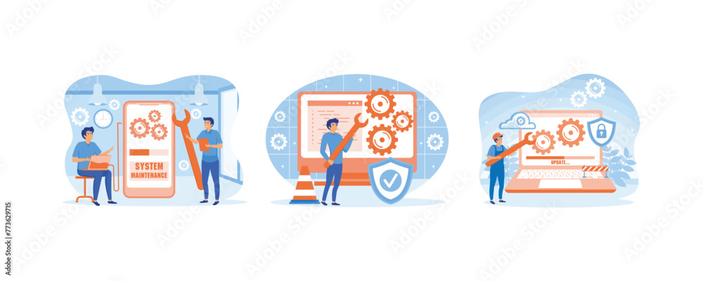 Poster system maintenance concept. update program and application, technology. update program application, 