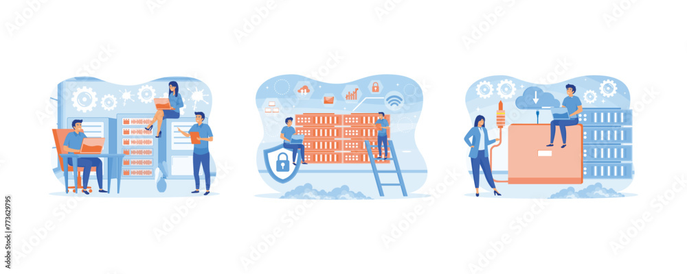 Poster system administrators or sysadmins are servicing server racks. configuration of computer systems and