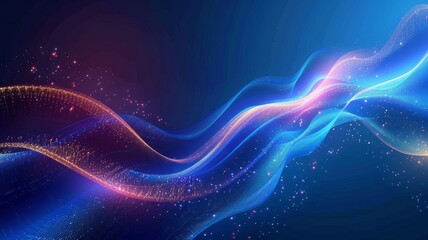 Abstract wave of particles in blue and red hues - An abstract image portraying a dynamic wave of particles flowing in a smooth, wavelike pattern in radiant blue and red hues - obrazy, fototapety, plakaty