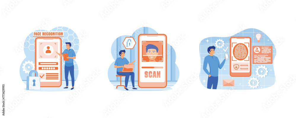 Poster man standing with a phone, identifies a face. face recognition concept. face recognition system deve