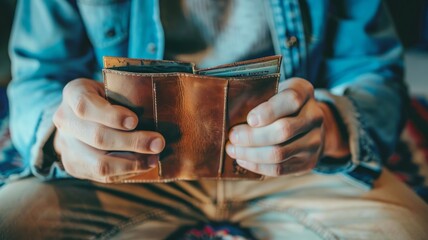 Close-Up of Hands Holding Leather Wallet - Person holding an open brown leather wallet, focus on hands and wallet details. - obrazy, fototapety, plakaty