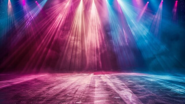 Illuminated Empty Stage with Colorful Lights - An empty stage lit by vibrant, colorful stage lights with a smoky atmosphere and a dark background.