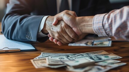 Business Handshake and Cash Exchange - Two professionals shaking hands over a table with a cash transaction. - obrazy, fototapety, plakaty