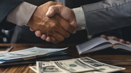 Business Handshake with Cash on Table - Two professionals shaking hands with money and a contract on the desk. - obrazy, fototapety, plakaty