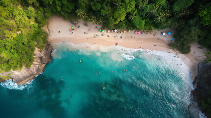 Aerial Tropical Beach scene with blue water, sandy beaches, cliffs and trees