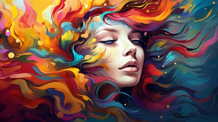 Vibrant Artistic Portrait of Woman with Flowing Hair - A colorful digital painting of a woman with her hair blending into vivid abstract shapes.