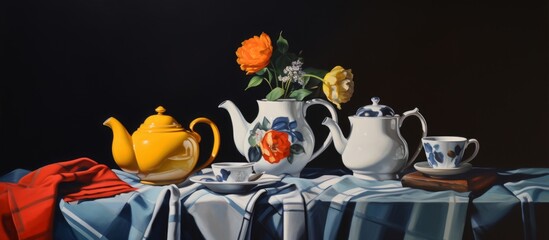 A detailed painting capturing a classic still life composition featuring an assortment of teapots, tea cups, and blooming flowers