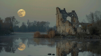 A peaceful pond reflecting the ruins of an old fortress the moons radiance lending a sense of ethereal beauty to the decaying structures. . .