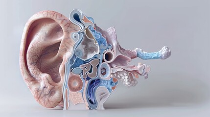Detailed depiction of the outer, middle, and inner ear structures with labels for each par - obrazy, fototapety, plakaty