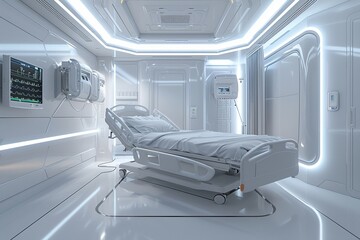 Nextgen patient care bed in a high-tech room, soft white glow, eyelevel shot, detailed texture 