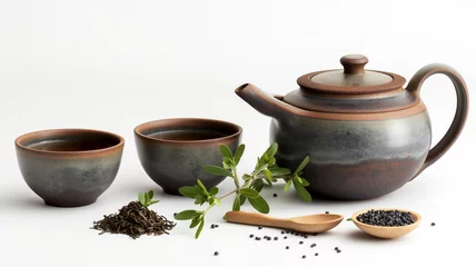 Foto op Aluminium Tea set with loose leaves, a wooden spoon, and fresh herbs on white. © Ritthichai