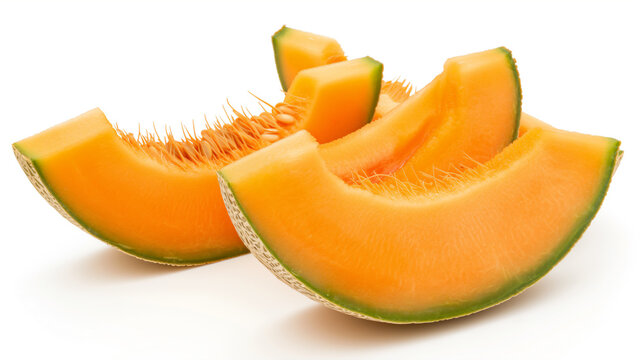 Fresh melon slices with vibrant orange flesh and green rind on a white background.