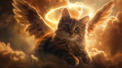 Playful kitten with wings among heavenly clouds - A delightful kitten with angel wings and a bright halo plays among clouds, bathed in divine light that creates a dreamlike scene