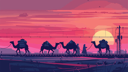 Camels and arab people crossing the railroad at sun