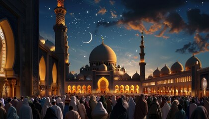 Islamic crescent moon and star decorations illuminated against the night sky to mark the beginning of Eid. Prayers going for the mosque. Eid al-Fitr celebration concept.