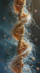 Create a detailed 3D illustration of hair anatomy on a DNA strand, showcasing the intricate connection between genetics and physical characteristics - obrazy, fototapety, plakaty