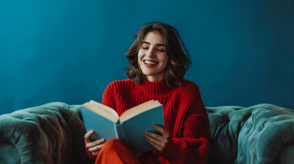 A woman is sitting on a couch with a book in her hands. She is smiling and she is enjoying her...