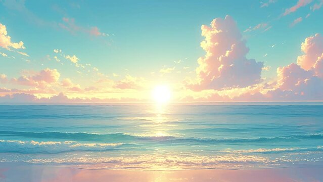 hyper realistic 2d render of a tranquil beach at sun. seamless looping overlay 4k virtual video animation background