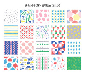 20種類の手描きのカラフルなシームレスパターン
