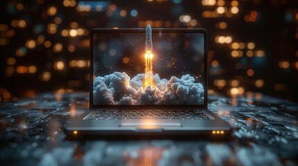 Abstract image. Launch of rocket into space on laptop. Glowing connected dots and lines model. Ideas for promotion and rapid growth of business Illustration of a low poly wireframe. - obrazy, fototapety, plakaty