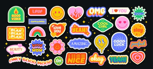 Fototapete Rund Set of vintage pop art stickers. Groovy retro badges with emoji, flower, hearts, rainbow and cool phrases. Trendy patches for printing. Cartoon flat vector collection isolated on black background © Rudzhan