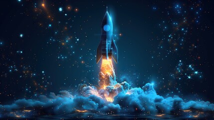 Abstract image. Launching a rocket into space. Glowing connected dot and line model Ideas for promotion and rapid growth of business Illustration of a low poly wireframe. - obrazy, fototapety, plakaty