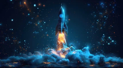 Fotobehang Abstract image. Launching a rocket into space. Glowing connected dot and line model Ideas for promotion and rapid growth of business Illustration of a low poly wireframe. © PT
