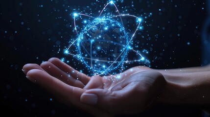 Abstract image. Scientist holding a holographic model of a nuclear atom. Science technology concept. Digital color. Molecules icon on blue background.