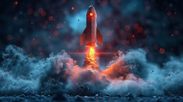 Abstract image. Launching a rocket into space. Glowing connected dot and line model Ideas for promotion and rapid growth of business Illustration of a low poly wireframe.