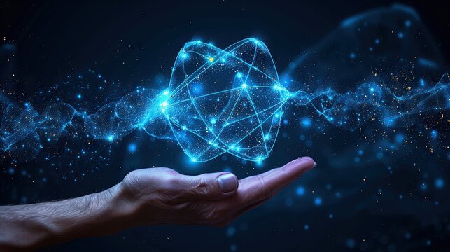 Abstract image. Scientist holding a holographic model of a nuclear atom. Science technology concept. Digital color. Molecules icon on blue background.