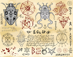 Design vector set with decorated bugs, pentagram, mystic, magic and gothic symbols against textured background, wicca concept, no foreign language, only fantasy signs. 