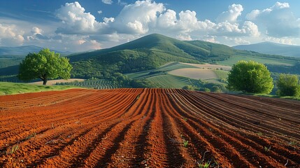 Beautiful countryside landscape in spring with plowed fields. For preparing soil for planting