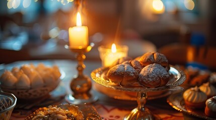 Jewish sweets with candleholder on a table
