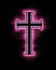 Neon shine christian cross on brick wall. Religion concept illustration. 3D render