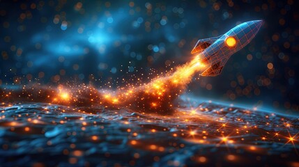 Abstract image. Rocket launch. Glowing connected dots and lines. Promotion and rapid growth concept Illustration of a low poly wireframe. - obrazy, fototapety, plakaty