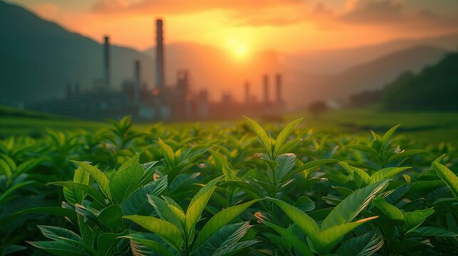 Carbon reduction, with bright green plants in the foreground In the background there is an industrial chimney emitting carbon dioxide. It symbolizes the balance between industry and environmental sust