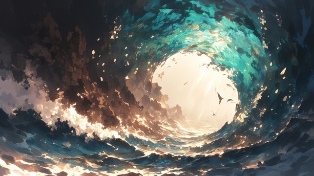 Crystal Clear Waters: Tunnel of Swirling Ocean Waves under a Clear Sky - Ideal for Conveying Messages and Branding
