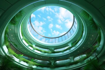 The view from inside an ecofriendly building with green trees and a blue sky outside with a fisheye photographic in a futuristic style, a circular structure. with green plants in the cente