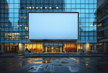 A photo of A blank white horizontal billboard on the side of an office building modern architecture clean and minimalist design. Large format frame with a square aspect ratio - obrazy, fototapety, plakaty