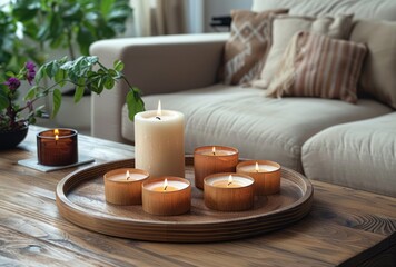 Fototapeta na wymiar A photo of coffee table with round wooden tray and candles on it. Scandinavian interior design cozy home decor.