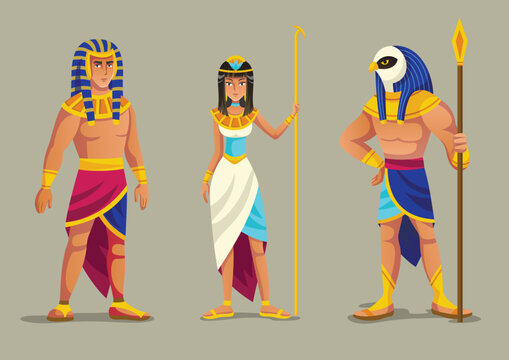 Set of Ancient Egyptian gods. Egyptian mythology characters. Cleopatra, Pharaoh and sun god Amon Ra or Horus with falcon head. King and Queen of Egypt. Cartoon flat vector illustration collection