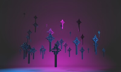 Christianity concept. Levitation of a group of crosses. 3D render - obrazy, fototapety, plakaty