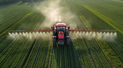 Foto op Plexiglas Tractors with extended spray arms treat crops in the vast, lush agricultural land. © PT