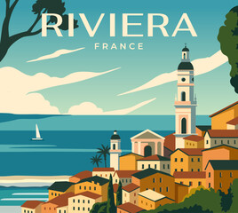 Travel destination poster. French Riviera advertising banner. Beautiful landscape with sea, beach and traditional European architecture. Tourism and summer vacation. Cartoon flat vector illustration