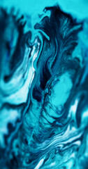 Ink liquid spill. Marble texture. Defocused blue black white color dust particles acrylic paint swirl emulsion fluid drip abstract art background. - 773637395