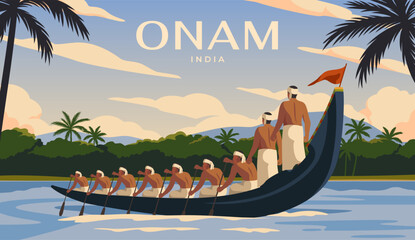 Happy Onam Festival. Landscape with river, palm trees and people rowing on snake boat. Greeting card for traditional Indian holiday. Harvest festival in Kerala. Cartoon flat vector illustration - obrazy, fototapety, plakaty