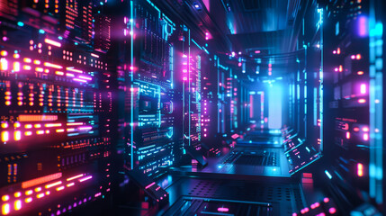 Futuristic Data center. Big Data analytics platform. Quantum processor in the global computer network